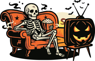 Skeleton watching TV on a couch with popcorn during Halloween.