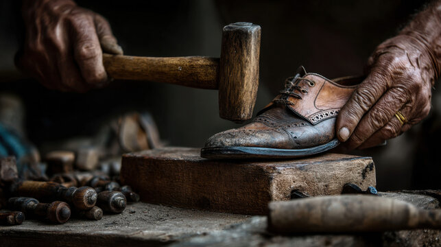 Artisan cobbler hammering a leather brogue shoe on a wooden last, close hands and vintage tools in a rustic workshop - Powered by Adobe