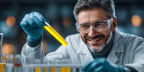 Smiling scientist analyzing yellow liquid in test tube, conducting experiment in modern laboratory