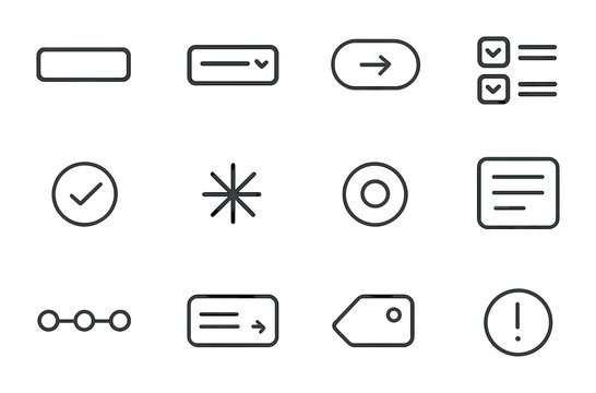 Form Design Icons. Outline icon set of form design: text input, dropdown field, form submit, checkbox group,