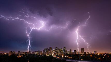 Intense lightning strikes over a city skyline at night as purple storm clouds ignite the horizon