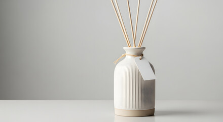 White ceramic diffuser with wooden reeds and blank tag