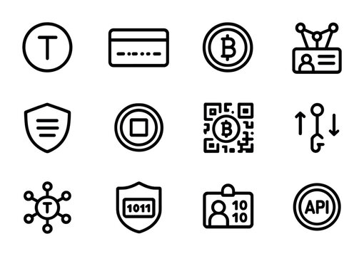 Tokenization Icon Set. Outline icon set of tokenization in finance: token icon, card number mask, digital coin