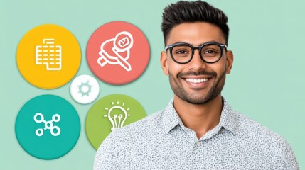 Professional man smiling with creative icons office space digital portrait modern environment engaging perspective for seo impact