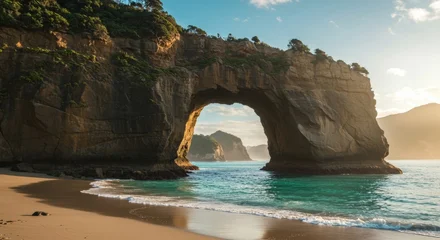 Handdoek met foto Cathedral Cove Rock formations at Cathedral Cove, Coromandel, New Zealand  © Iftikhar