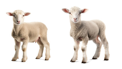 Fototapeta premium Pair of Lambs: Two adorable lambs stand facing the viewer, their fluffy coats and innocent expressions, in a charming studio shot.