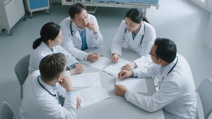 Group of doctors in white coats discussing medical records around a table in a hospital setting.