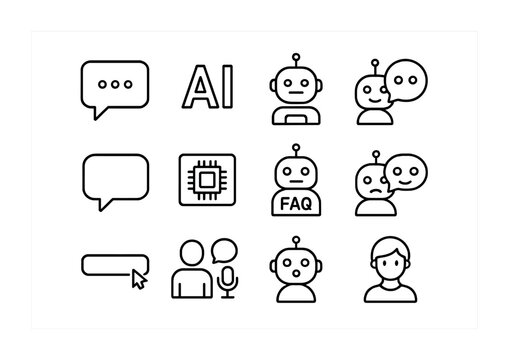 AI Chatbot Icon Set. Outline icon set of AI chatbots: dialogue box, text AI, virtual assistant, chatbot face,