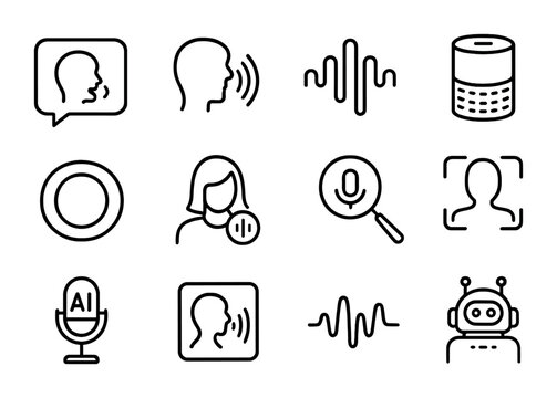 Voice AI Icon Set. Outline icon set of voice AI: speech bubble, voice command, waveform, smart speaker, wake