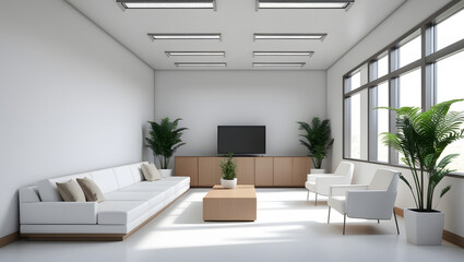 Fototapeta premium Modern and Minimalist Office Lounge or Waiting Room, Clean Interior Design with Plants and Natural Light 