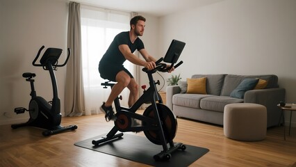 Man exercising on a stationary bike in a modern living room