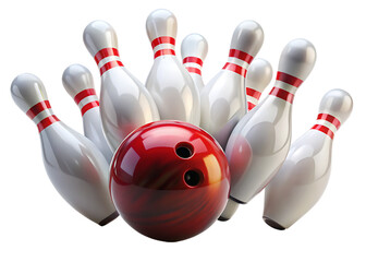 Bowling Ball Striking Down Pins – Isolated on White Background – PNG – GENERATIVE AI