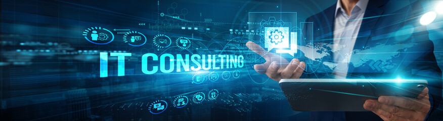 A technology consultant using a tablet analyzes IT consulting solutions data infrastructure, cybersecurity cloud automation integration innovation compliance optimization, and systems management.
