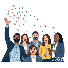 Excited diverse business team celebrating success with confetti vector illustration