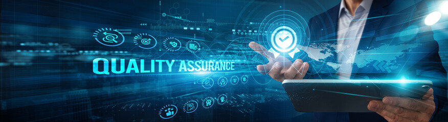 A QA specialist using a tablet analyzes quality assurance process data compliance, testing automation validation improvement reporting performance monitoring standards.