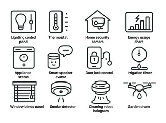 Smart Home Icon Set. Outline icon set of smart home integration in metaverse: lighting control panel,
