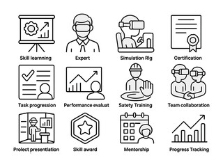 Metaverse Training Icons. Outline icon set of professional training in metaverse: skill learning board,