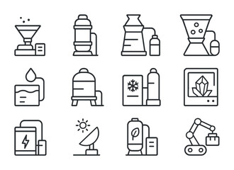Space Resource Icons. Outline icon set of space resource processing: ore smelter, fuel refinery, water