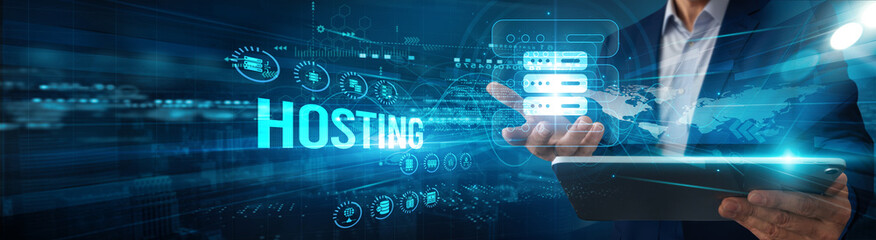 Administrator using tablet analyzing hosting server data uptime, bandwidth automation performance integration monitoring security scalability optimization.