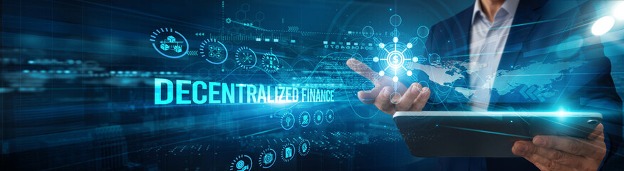 Investor using a tablet analyzing decentralized finance DeFi data blockchain, crypto automation smart contracts security innovation transactions liquidity.