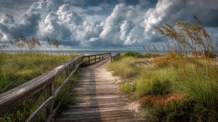 Fototapeta premium Weathered Wooden Boardwalk Stretching Toward Horizon Under Clouds