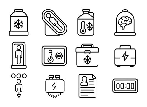 Cryonics Technology Icons. Outline icon set of cryonics technology: cryonic storage tank, preservation capsule