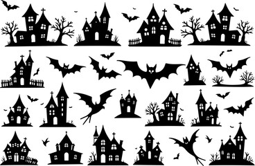 halloween background with house, castle and bats, halloween, house, night, moon, castle, bat, silhouette, holiday, scary, illustration, horror, cartoon, haunted, tree, vector, dark, autumn, spooky, ba