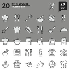 Vector illustration set of simple outline icons for kitchen, cooking, and gastronomy elements