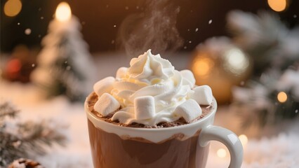 Steaming Hot Chocolate with Whipped Cream and Marshmallows in a Festive Setting