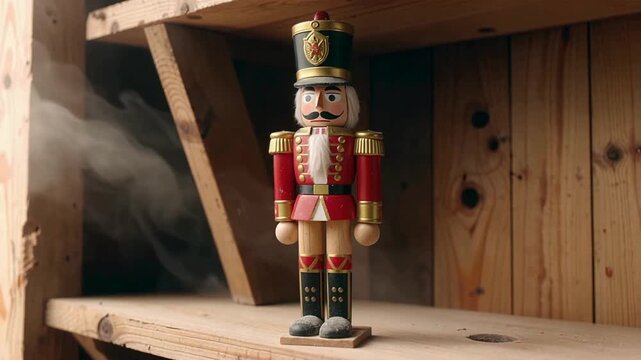 Traditional Nutcracker Figurine on Wooden Shelf with Mystical Smoke and Light