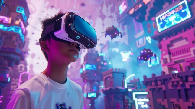 Young adult person wearing virtual reality headset, with medium skin and straight hair, experiencing a futuristic neon city scape with digital robots and glowing signs, in a vibrant cyberpunk