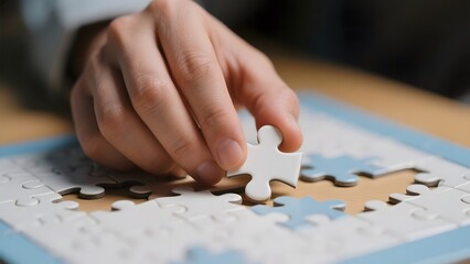 Hand placing a puzzle piece into a partially completed jigsaw puzzle
