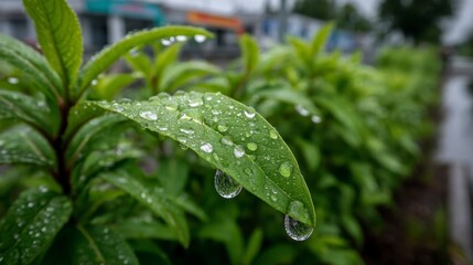 Urban Garden Close-Up After Rainfall with Water Droplets on Leaves