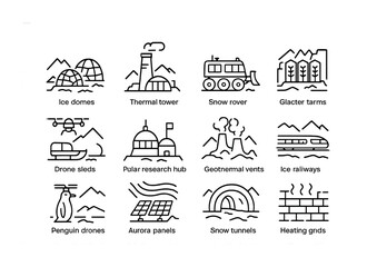 Obraz premium Polar Future City Icons. Outline icon set of polar future cities postcards: ice domes, thermal towers, snow