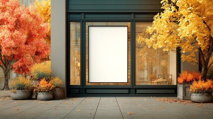 Autumn storefront mockup with blank billboard, colorful trees and flowers. Perfect for displaying fall promotions and ads.