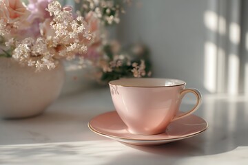 Fototapeta premium Elegant pink teacup with floral arrangement on a table, bathed in soft morning light, capturing a romantic and vintage aesthetic with delicate shadows