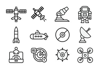 Cold War Space Icons. Outline icon set of Cold War in space: orbital stations, spy satellites, laser cannons,