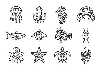 Fototapeta premium Bio-Mech Ocean Icons. Outline icon set of bio-mech ocean life: robotic jellyfish, cyber squid, mech seahorse,
