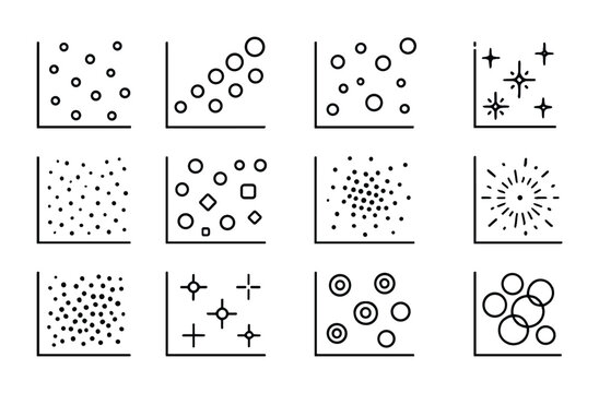 Creative Scatter Plot Icons. Outline icon set of creative scatter plots: random dots, gradient circles,