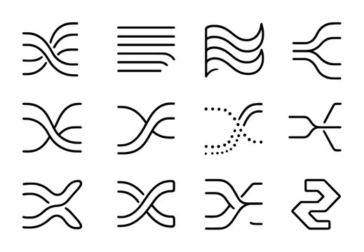 Creative Sankey Diagram Icons. Outline icon set of creative sankey diagrams: curved flows, layered paths,