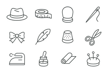 Millinery Icon Grid. Outline icon set of hat makers: felt hats, measuring tapes, hat blocks, sewing needles,