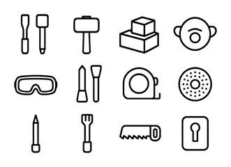 Stone Carving Tools Icons. Outline icon set of stone carvers: chisels, mallets, stone blocks, dust masks,