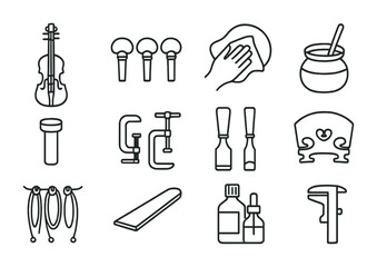 Obraz premium Instrument Restoration Icons. Outline icon set of musical instrument restorers: violins, tuning pegs,