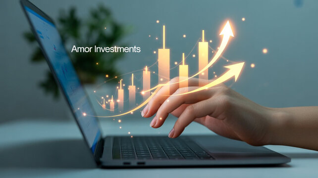 Person using laptop with glowing financial chart and upward arrow finance investment