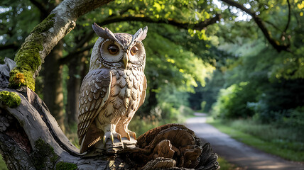Obraz premium Owl statue perched on a branch in a forest setting on a sunny day