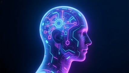 Neon Circuitry Within a Human Head Profile