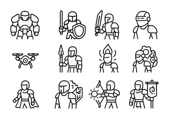Fototapeta premium Ancient-Future Warrior Icons. Outline icon set of ancient-future warriors: mech armor, plasma swords, neon