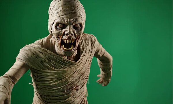 Creepy and Horrifying Mummy Walking on Green Screen Background