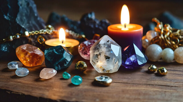 A very soft focus on a selection of minerals and traditional magical jewelry. Witch jewelry. Concept of a blurry background with candles and a wooden table