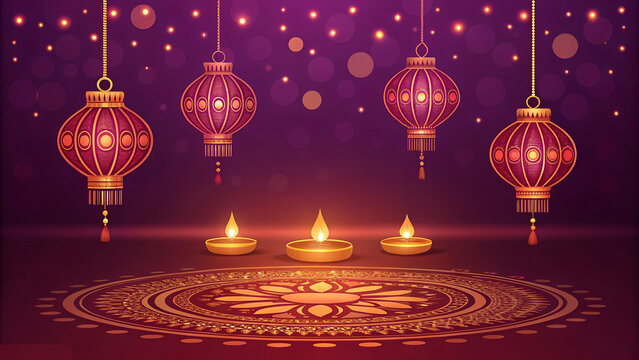Festive scene with lanterns, candles, and a decorative floor design against a purple background